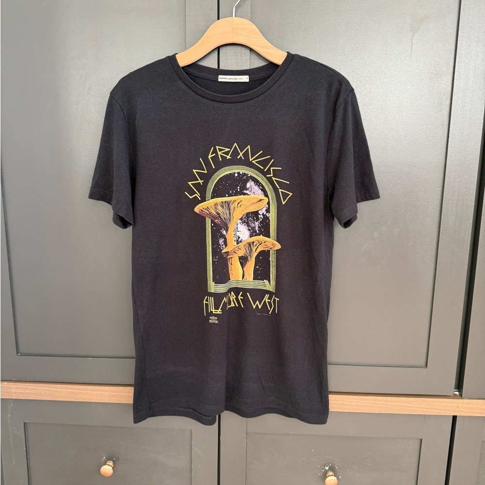 Marine Layer Black Graphic Tee with Yellow and Green Mushroom Print